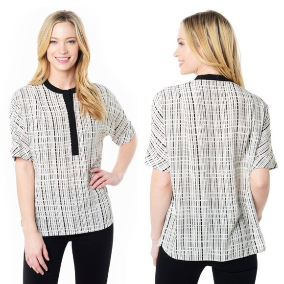 VINCE 100% Silk Interlace Stripe Split Neck Blouse Black/Off-White Size 10 - Picture 1 of 9